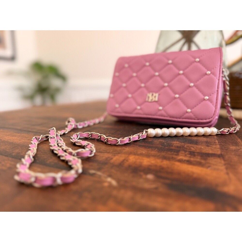 Badgley Mischka Pink Diamond Quilted Pearl Flap Crossbody Shoulder Bag - Picture 5 of 8